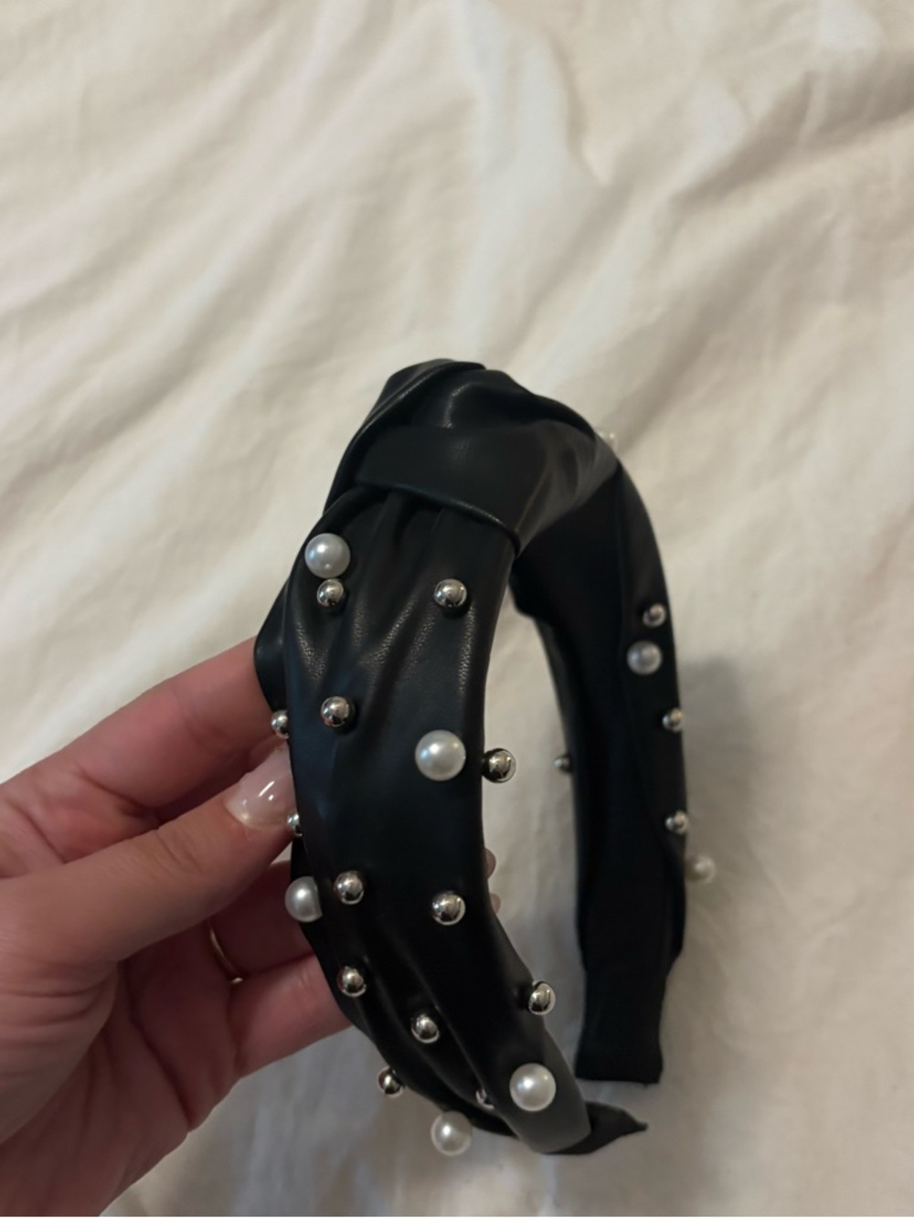 Pearl-Studded Black Faux Leather Knot Headband